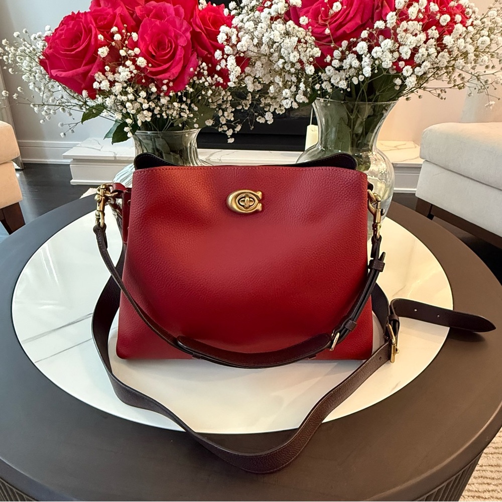 Coach Red Pebble Leather Shoulder Bag with Gold-Tone Hardware